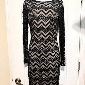 Olive Tree-Spandex Mix Mesh Sexy Dress-Long Sleeve-Lined-Size Large-Body Fit-Bla